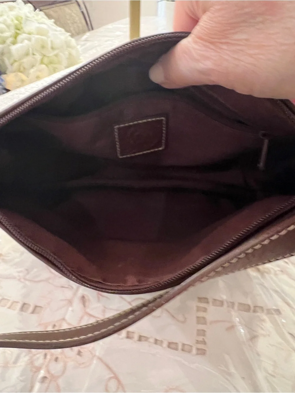 Medallion White Pebbled Leather Brown Trim Shoulder Bag